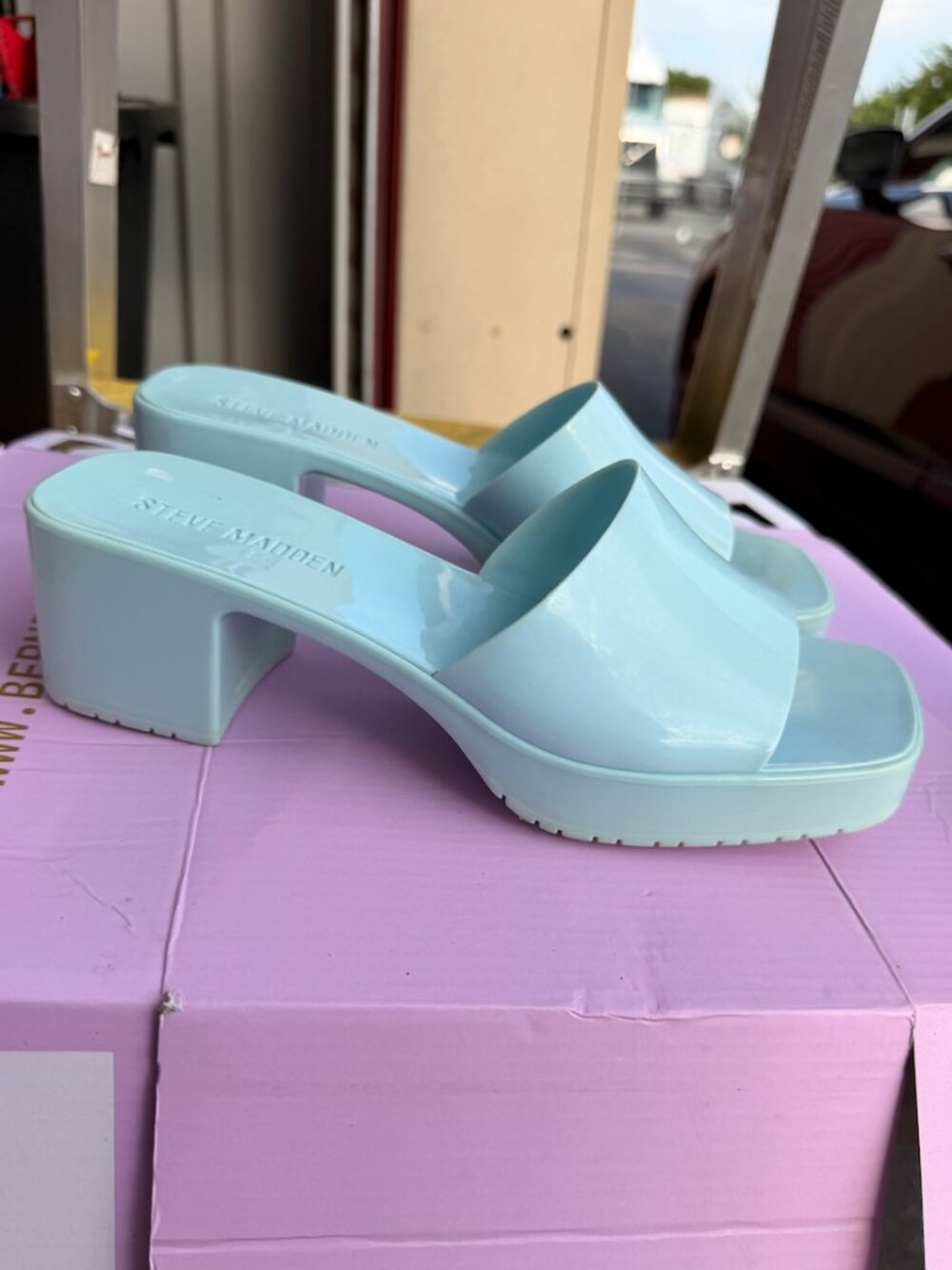 Steve Madden Harlin Light Blue Block Heel Slide Sandals Size 8M